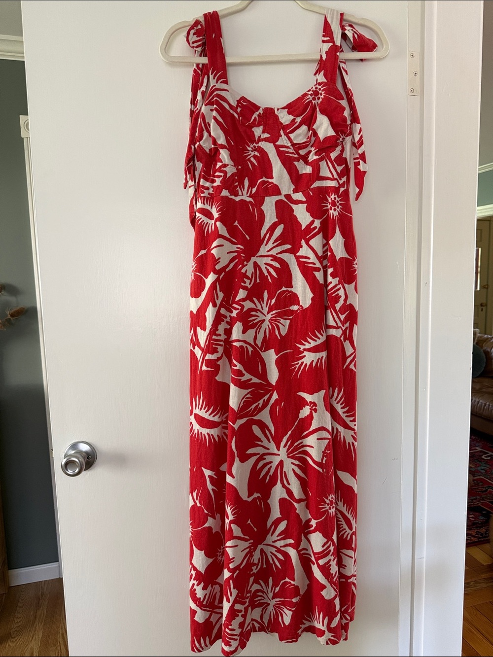 LOFT Red & White Floral Linen-blend Maxi Sundress
